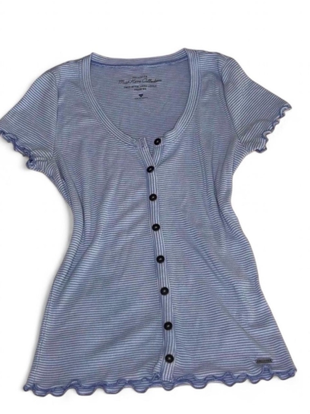 Hollister Blue Striped Button-Down Ruffle Sleeve Top
